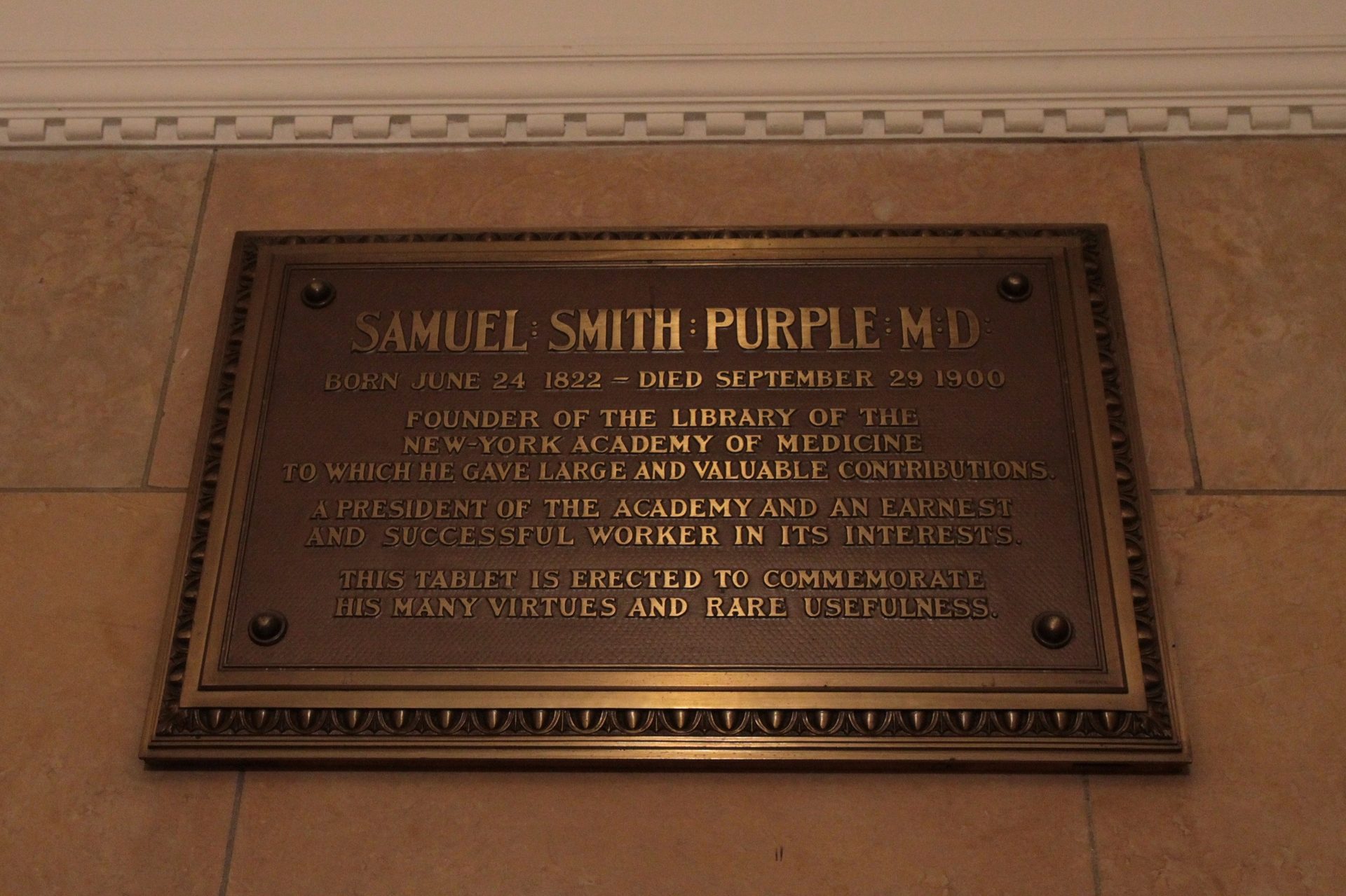 Samuel Smith Purple's memorial tablet, The New York Academy of Medicine, New York.JPG